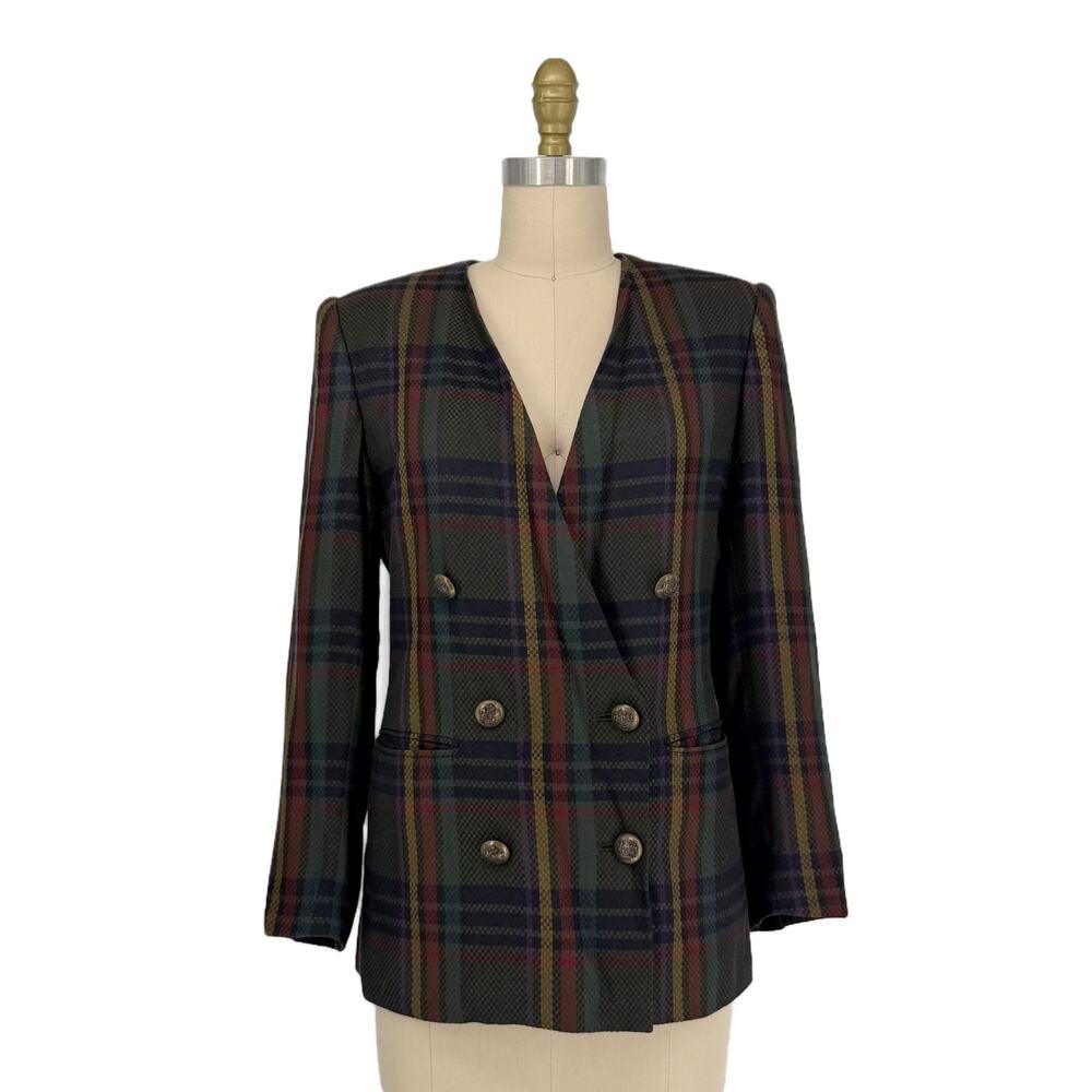 Vintage Stirling Cooper Tartan Plaid Double Breasted Blazer size 2 Petite